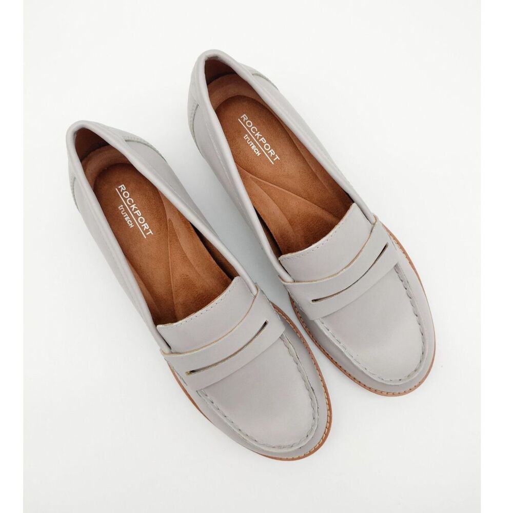 Rockport Elisea 6.5 M Light Gray Leather Round Toe Casual Penny Loafers